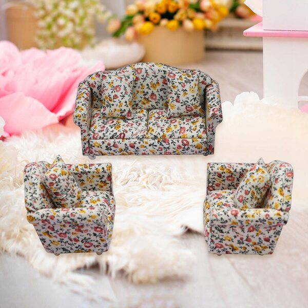 Mini set vintage di divani e cuscini per casa delle bambole in legno e cotone