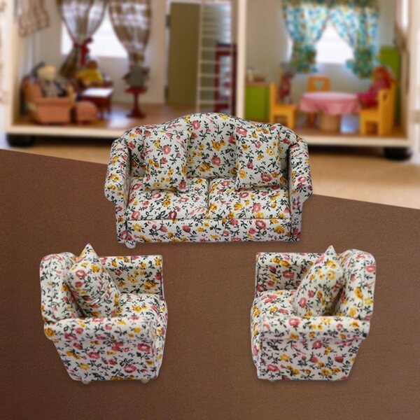 Mini set vintage di divani e cuscini per casa delle bambole in legno e cotone