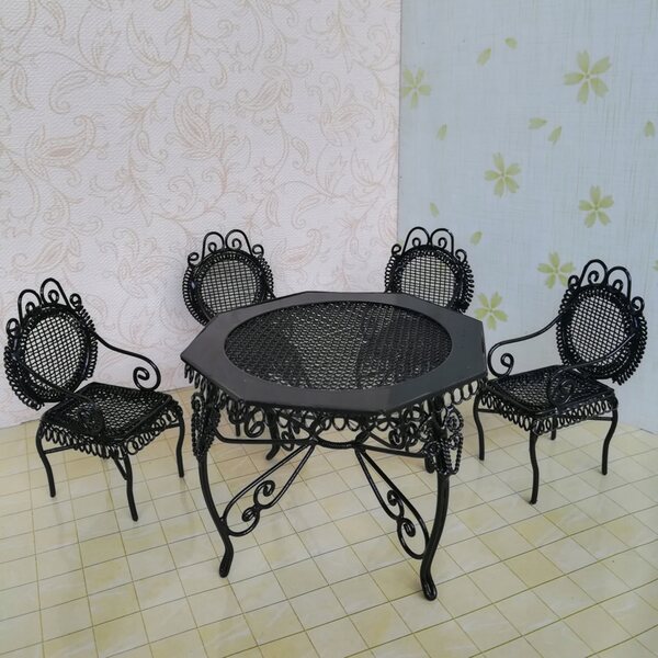 Set 1/12 Miniature Mobili Tavolo e Sedie Ottagonali in Metallo Nero per Casa delle Bambole