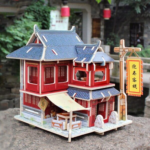 Miniatura Casa delle Bambole 1:24 Attico Vintage Cinese con Mobili in Legno 3D