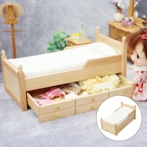 Letto in legno per casa delle bambole scala 1:12 con cassetto apribile