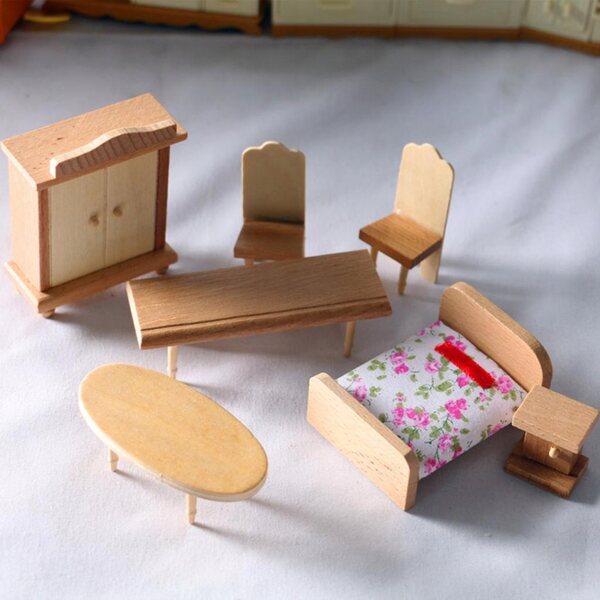 Holzmöbel-Set für Puppenhaus im Maßstab 1:12 – Schlafzimmer
