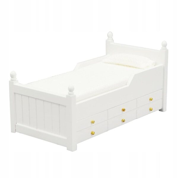 Miniatura letto singolo in legno per casa delle bambole 1:12 con cassetto bianco