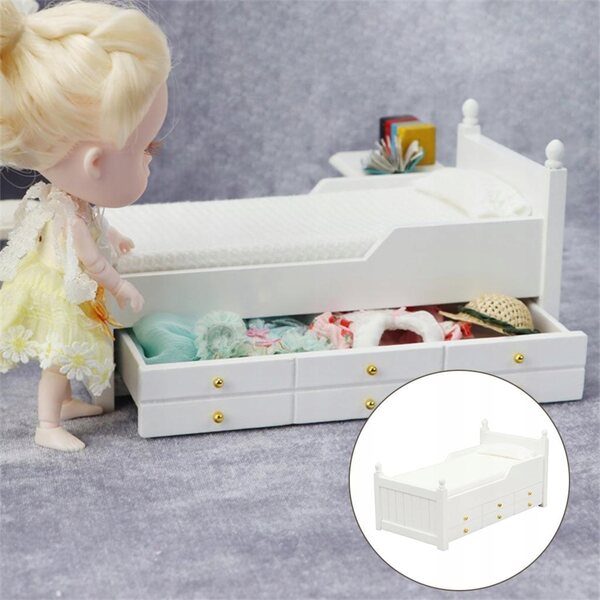 Miniatura letto singolo in legno per casa delle bambole 1:12 con cassetto bianco