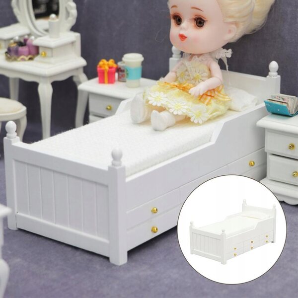 Miniatura letto singolo in legno per casa delle bambole 1:12 con cassetto bianco