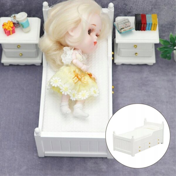 Miniatura letto singolo in legno per casa delle bambole 1:12 con cassetto bianco