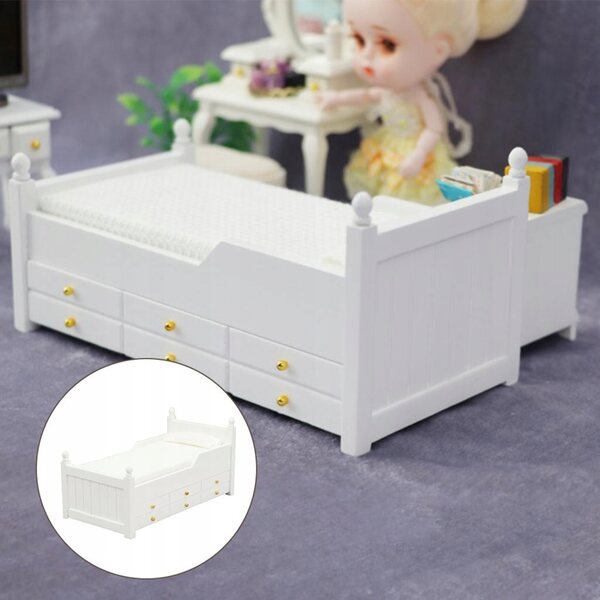 Miniatura letto singolo in legno per casa delle bambole 1:12 con cassetto bianco