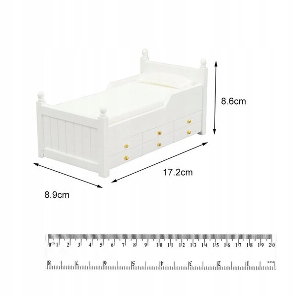 Miniatura letto singolo in legno per casa delle bambole 1:12 con cassetto bianco