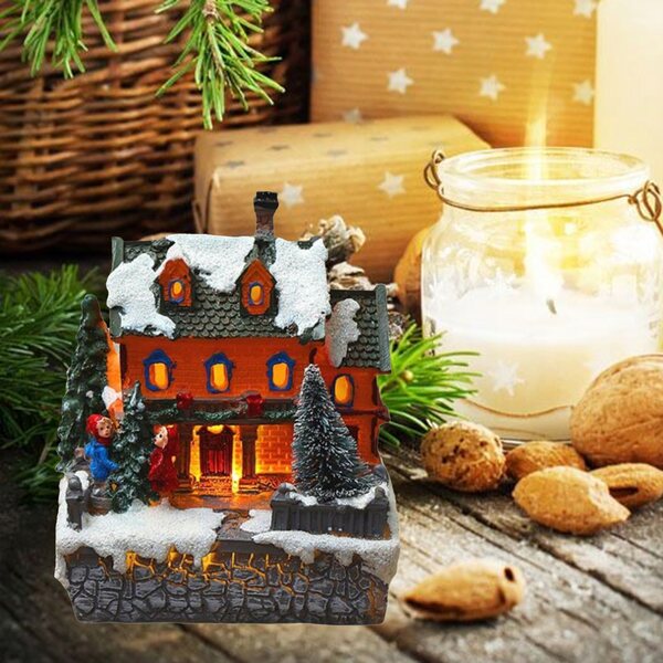 Mini Villaggio Natalizio con Luci e Bambini in Resina 10,5x9,5x12 cm