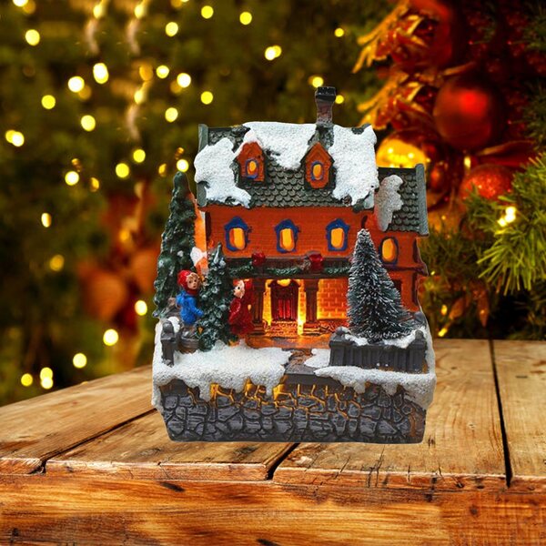 Mini Villaggio Natalizio con Luci e Bambini in Resina 10,5x9,5x12 cm