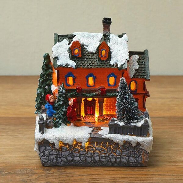 Mini Villaggio Natalizio con Luci e Bambini in Resina 10,5x9,5x12 cm