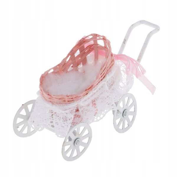 Metallic miniatuur poppenhuiskinderwagen 1:12 roze