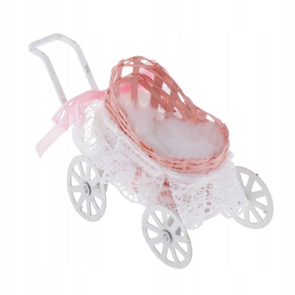 Metallic miniatuur poppenhuiskinderwagen 1:12 roze