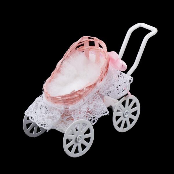 Metallic miniatuur poppenhuiskinderwagen 1:12 roze