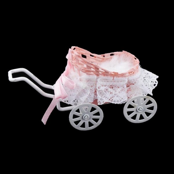 Metallic miniatuur poppenhuiskinderwagen 1:12 roze