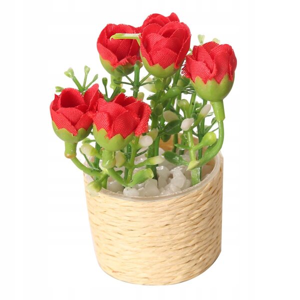 Mini casa delle bambole con fiore rosa in vaso, decorazione artigianale 1/6