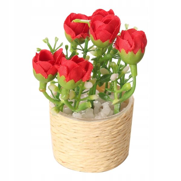 Mini casa delle bambole con fiore rosa in vaso, decorazione artigianale 1/6