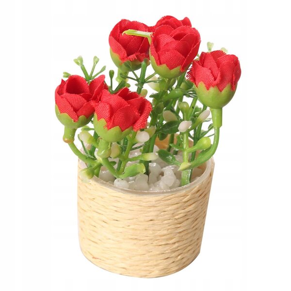 Mini casa delle bambole con fiore rosa in vaso, decorazione artigianale 1/6