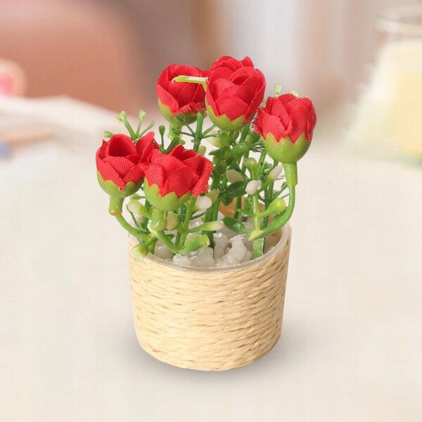 Mini casa delle bambole con fiore rosa in vaso, decorazione artigianale 1/6