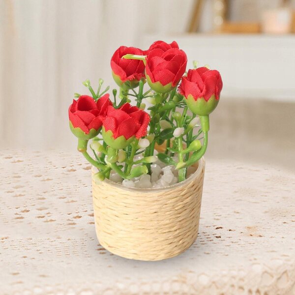 Mini casa delle bambole con fiore rosa in vaso, decorazione artigianale 1/6