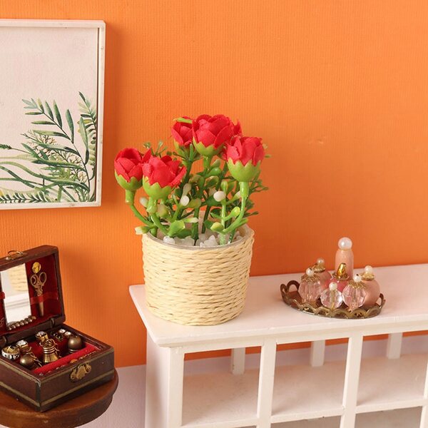 Mini casa delle bambole con fiore rosa in vaso, decorazione artigianale 1/6