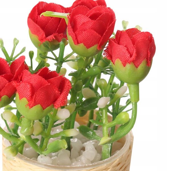Mini casa delle bambole con fiore rosa in vaso, decorazione artigianale 1/6