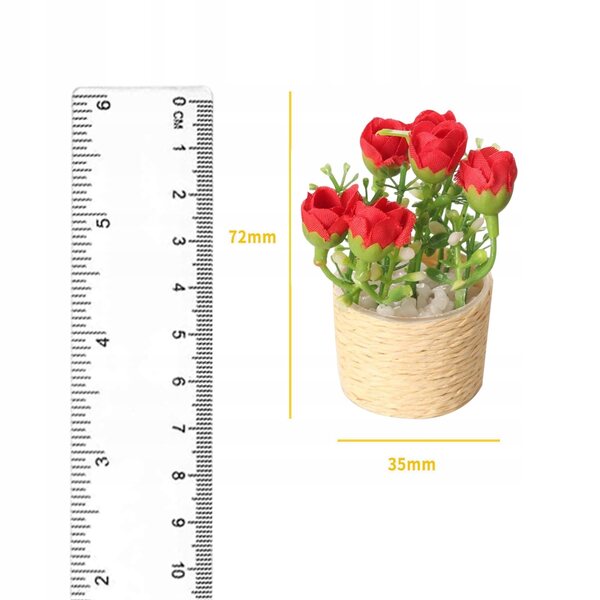 Mini casa delle bambole con fiore rosa in vaso, decorazione artigianale 1/6