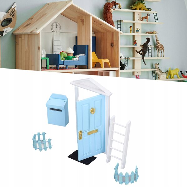 Blaue Miniatur-Holztüren für Puppenhäuser, Set mit Zubehör
