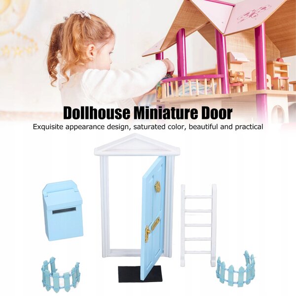 Blaue Miniatur-Holztüren für Puppenhäuser, Set mit Zubehör