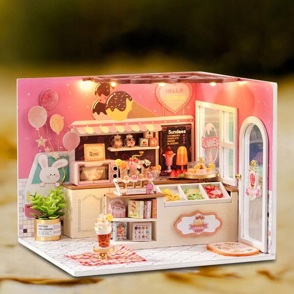 DIY-Puppenhaus-Miniaturbausatz aus Holz mit LED-Leuchten und detaillierten Möbeln