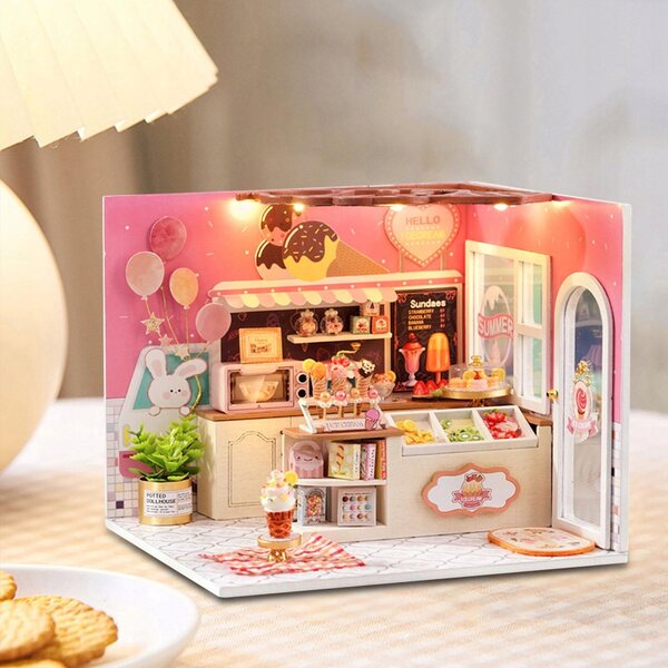 DIY-Puppenhaus-Miniaturbausatz aus Holz mit LED-Leuchten und detaillierten Möbeln