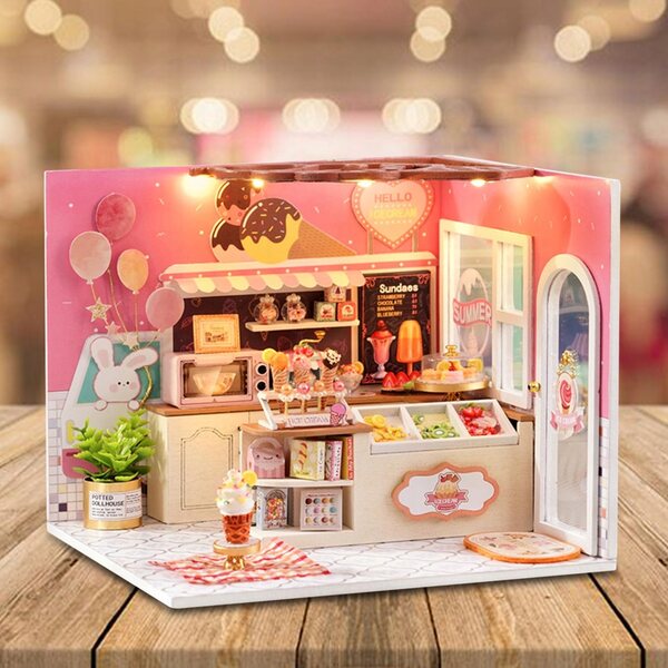 DIY-Puppenhaus-Miniaturbausatz aus Holz mit LED-Leuchten und detaillierten Möbeln