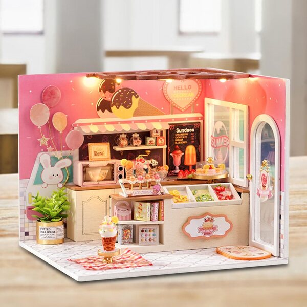 DIY-Puppenhaus-Miniaturbausatz aus Holz mit LED-Leuchten und detaillierten Möbeln