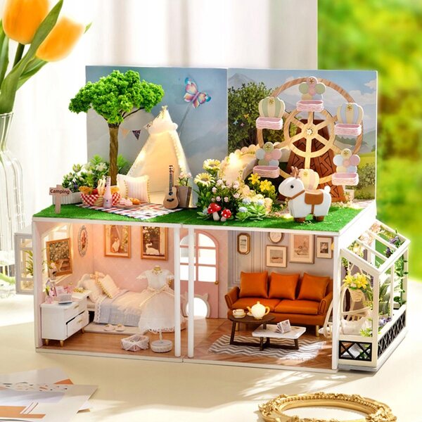 DIY-Puppenhaus-Miniaturbausatz aus Holz mit LED-Leuchten und detaillierten Möbeln