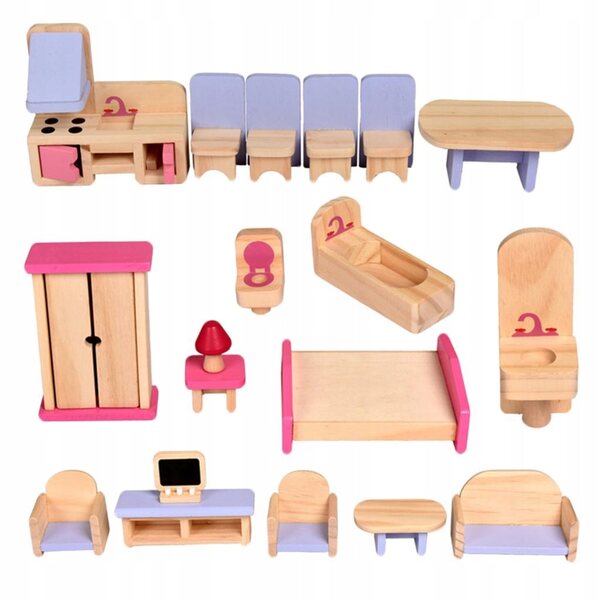 Holzmöbel-Set für 1/12 Puppenhaus – 19 Teile für Küche und Wohnzimmer