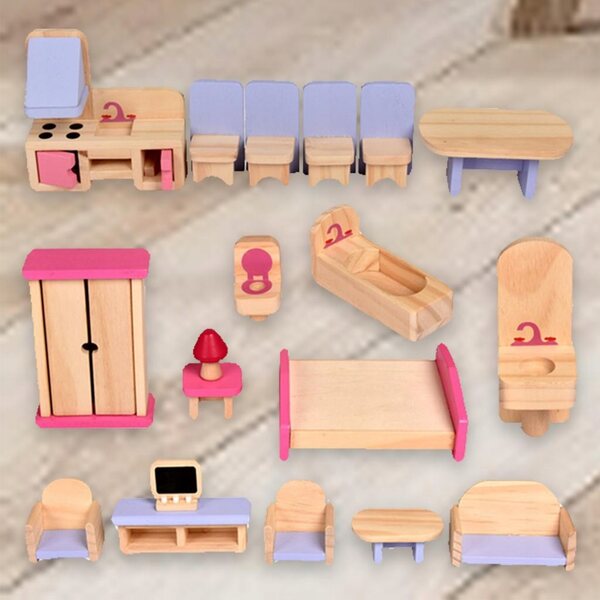 Holzmöbel-Set für 1/12 Puppenhaus – 19 Teile für Küche und Wohnzimmer