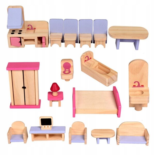 Holzmöbel-Set für 1/12 Puppenhaus – 19 Teile für Küche und Wohnzimmer