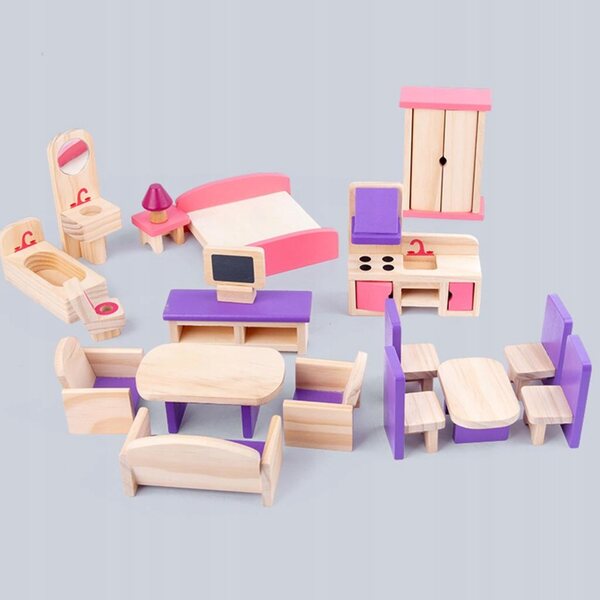 Holzmöbel-Set für 1/12 Puppenhaus – 19 Teile für Küche und Wohnzimmer
