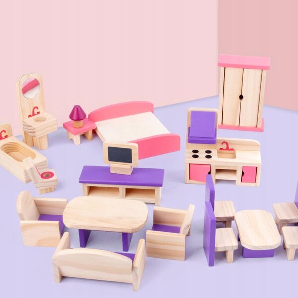 Holzmöbel-Set für 1/12 Puppenhaus – 19 Teile für Küche und Wohnzimmer