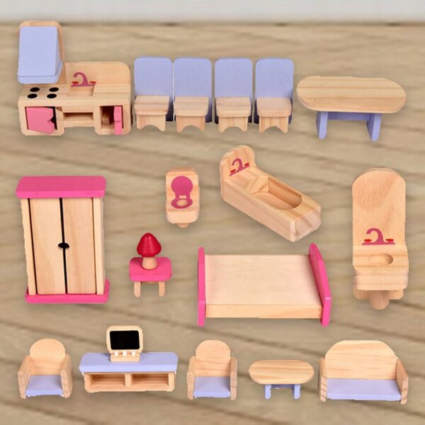 Holzmöbel-Set für 1/12 Puppenhaus – 19 Teile für Küche und Wohnzimmer