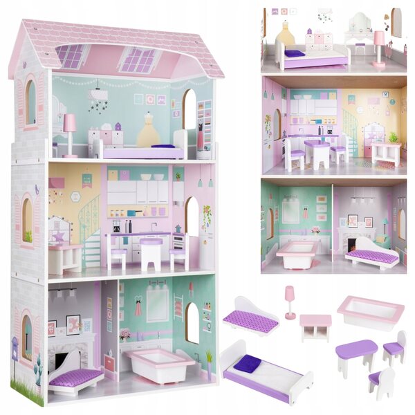 Doppio dollhouse in legno con mobili - Grande residenza a 3 piani per bambini