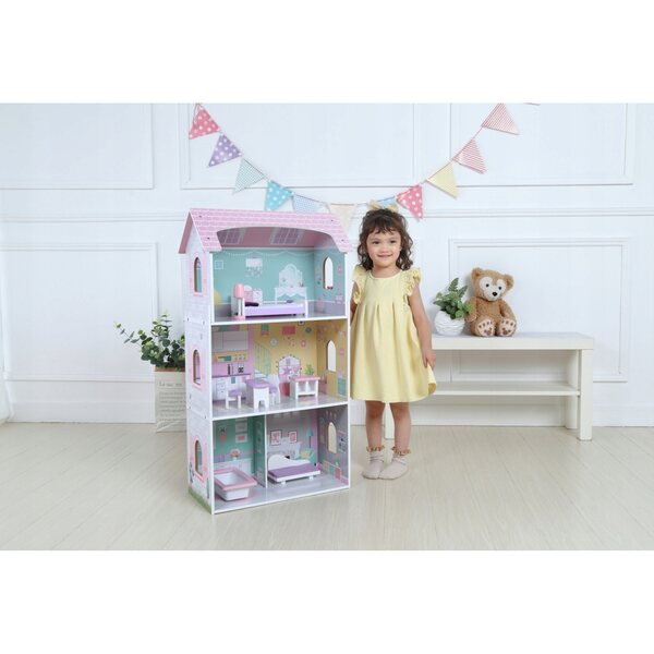 Doppio dollhouse in legno con mobili - Grande residenza a 3 piani per bambini