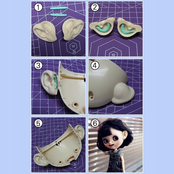 Orecchie di plastica riutilizzabili per bambole Blythe e RBL Neo - Nero L