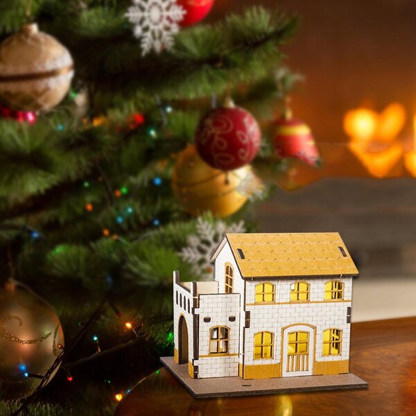 Miniatura Casetta Natalizia in Legno con Luci 9.8x7.5x9.3 cm Decorazione Festiva