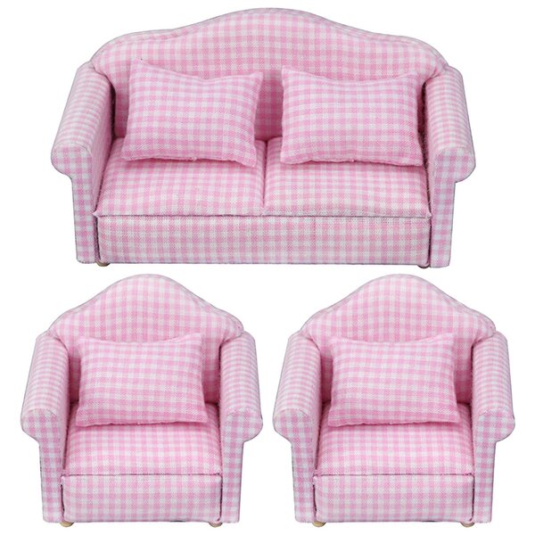 1:12 Puppenhaus Vintage Minisofa mit rosa und weiß kariertem Kissen