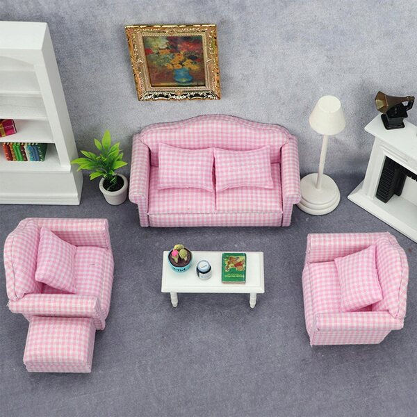 1:12 Puppenhaus Vintage Minisofa mit rosa und weiß kariertem Kissen