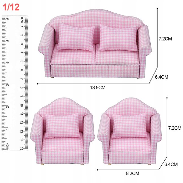 1:12 Puppenhaus Vintage Minisofa mit rosa und weiß kariertem Kissen
