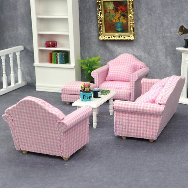 1:12 Puppenhaus Vintage Minisofa mit rosa und weiß kariertem Kissen