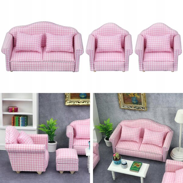 1:12 Puppenhaus Vintage Minisofa mit rosa und weiß kariertem Kissen