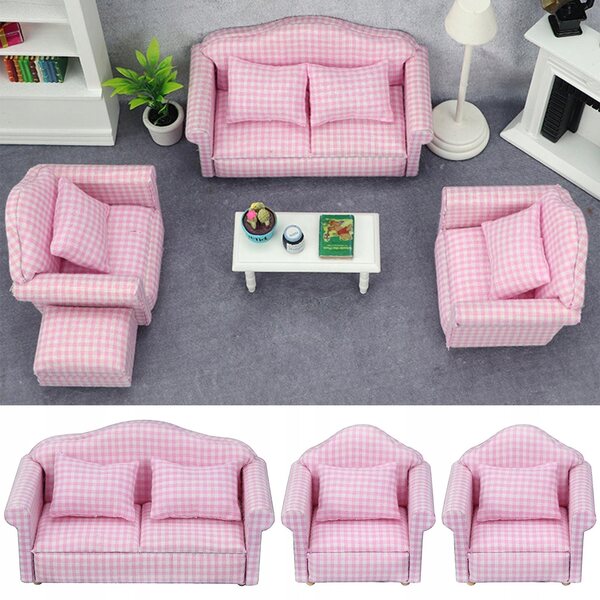 1:12 Puppenhaus Vintage Minisofa mit rosa und weiß kariertem Kissen